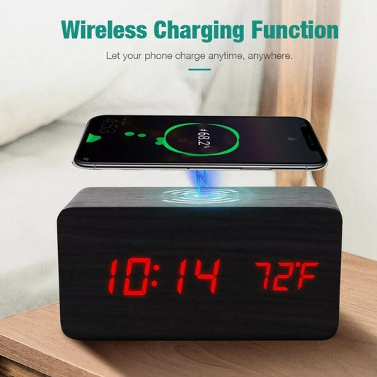The "Wooden Wonder" Digital Alarm Clock with Qi Wireless Charging Pad